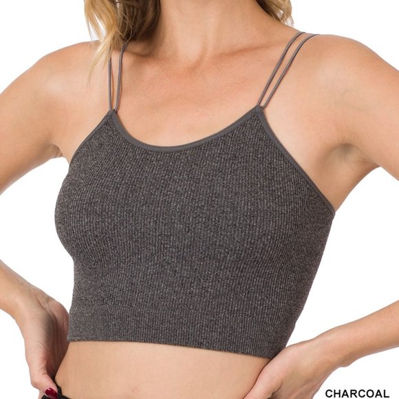 Zenana NWT Ribbed Seamless Double Strap Brami in Charcoal - Picture 1 of 2